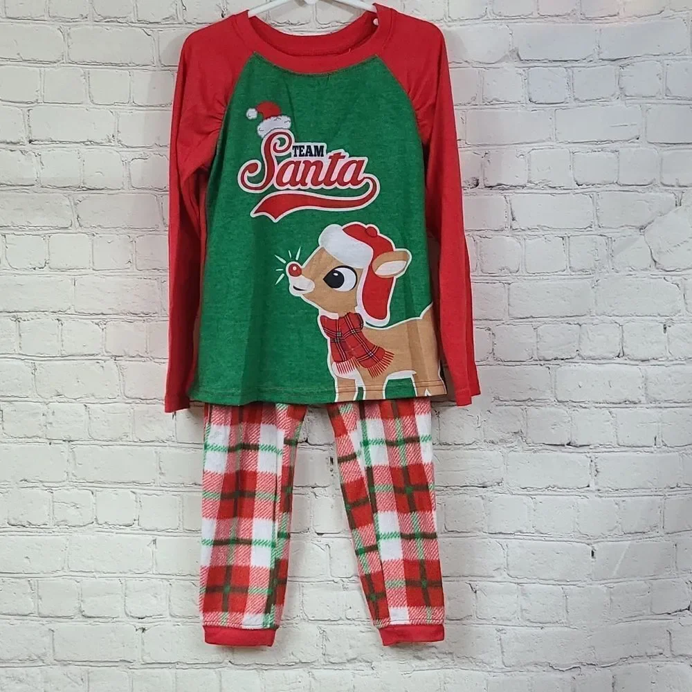 Rudolph Girls Holiday Pajamas 2pc Red Plaid Fleece Sleep Set Festive 6/6X PJs